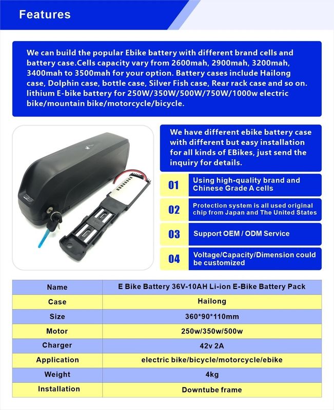 Batteria ad alte prestazioni per biciclette elettriche per Hailong Case 250w/350w/500w Motore Nero