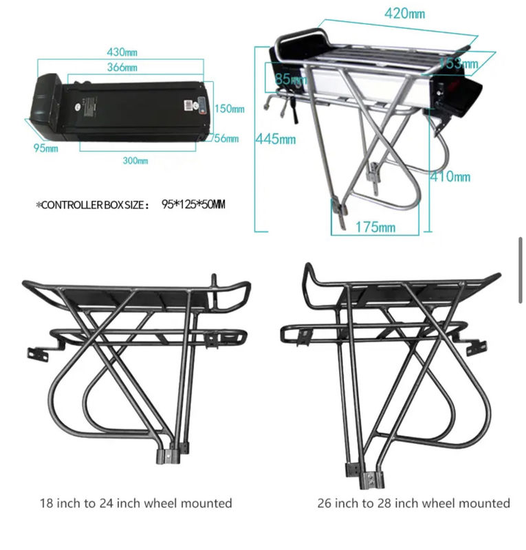 48V 36V Racco posteriore Batteria per biciclette a ioni di litio carica peso personalizzato Cassa in argento
